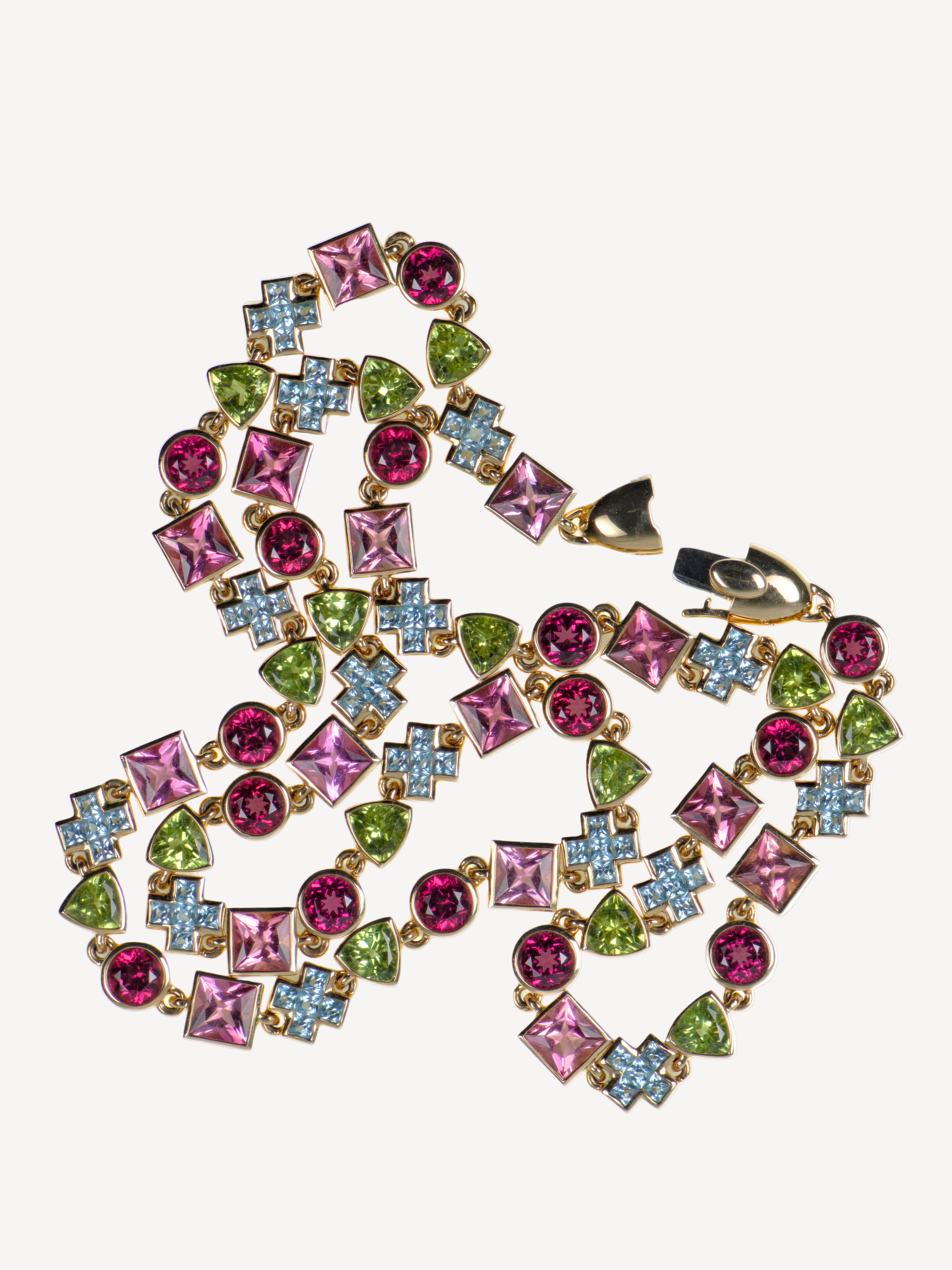 Edelstein-Halskette mit Granat, Turmalin, Peridot und Topas handgefasst in 585er Gold