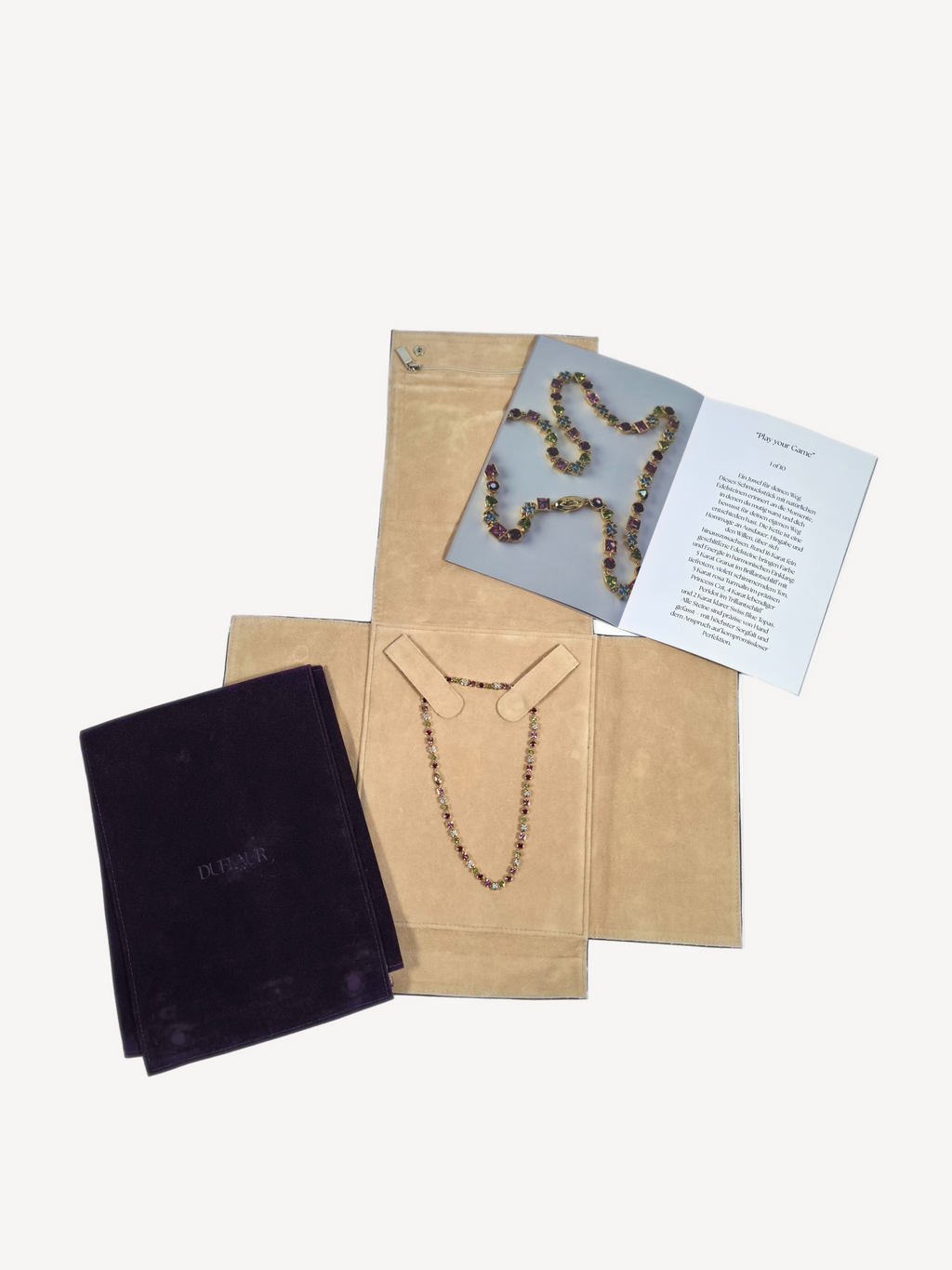 Edelstein-Halskette mit Granat, Turmalin, Peridot und Topas handgefasst in 585er Gold in Pouch